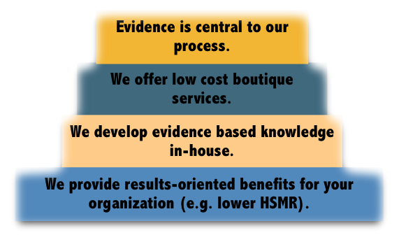 Graphic explaining the cornerstones of Libra Information Services. The text is: "Evidence is central to our process. We offer low cost boutique services. We develop evidence based knowledge in-house. We provide results-oriented benefits for your organization (e.g. lower HSMR)."